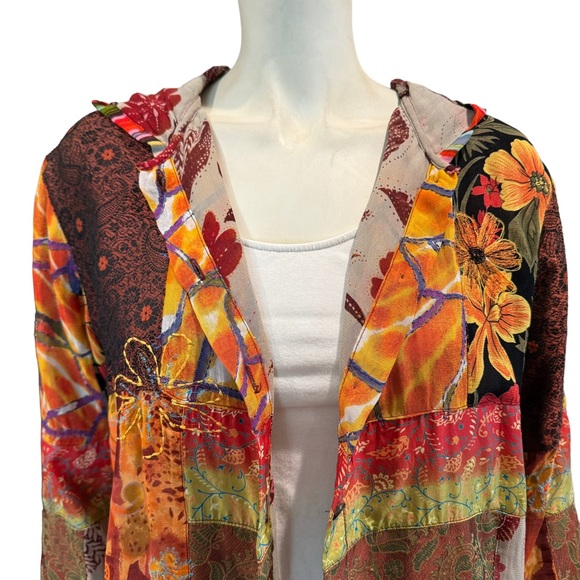 Chico’s Silk Blend Embroidered Patchwork Hooded Jacket - Picture 2 of 13